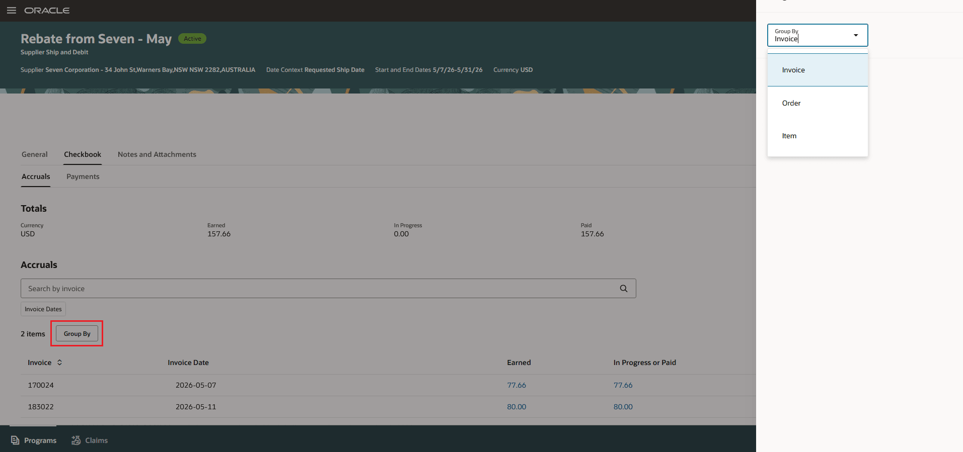 Supplier Ship and Debit Accrual Grouping Options
