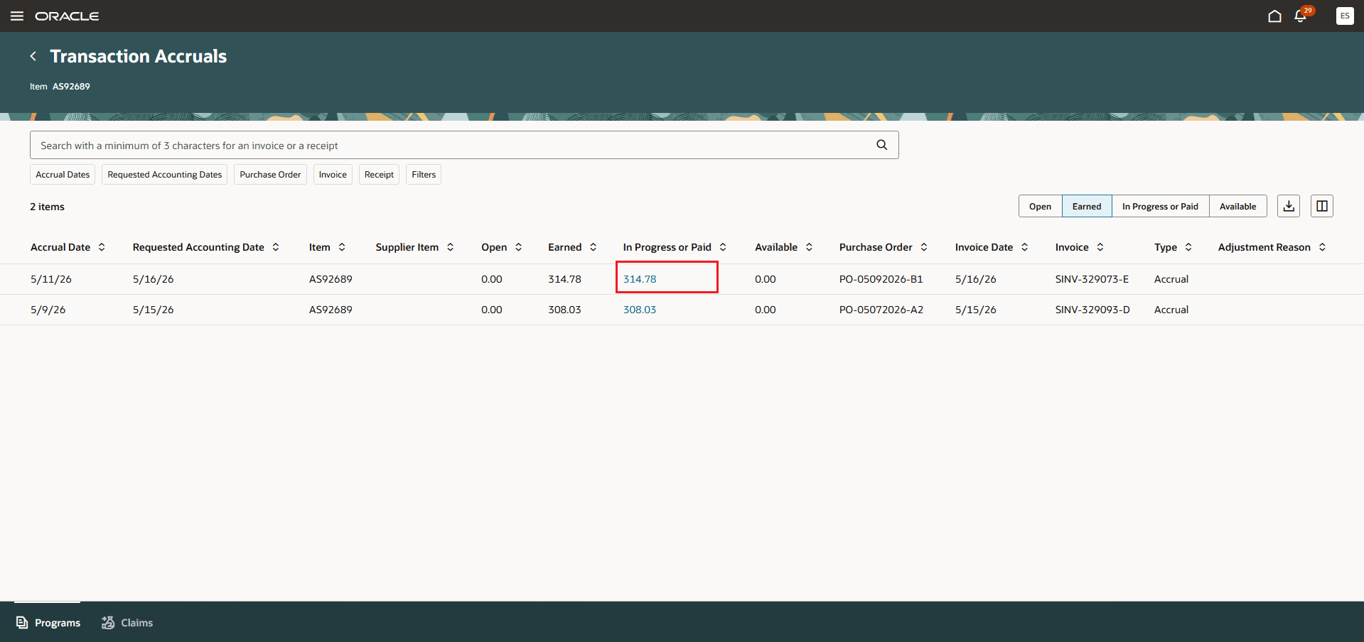 Supplier Rebate Transaction Accruals by Item