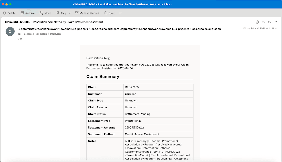 Email Notification Sent to Claim Owner After Deduction Processing