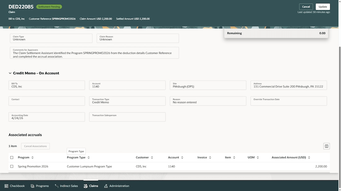 Deduction Settlement Tab Displaying Associations and Approval Comments