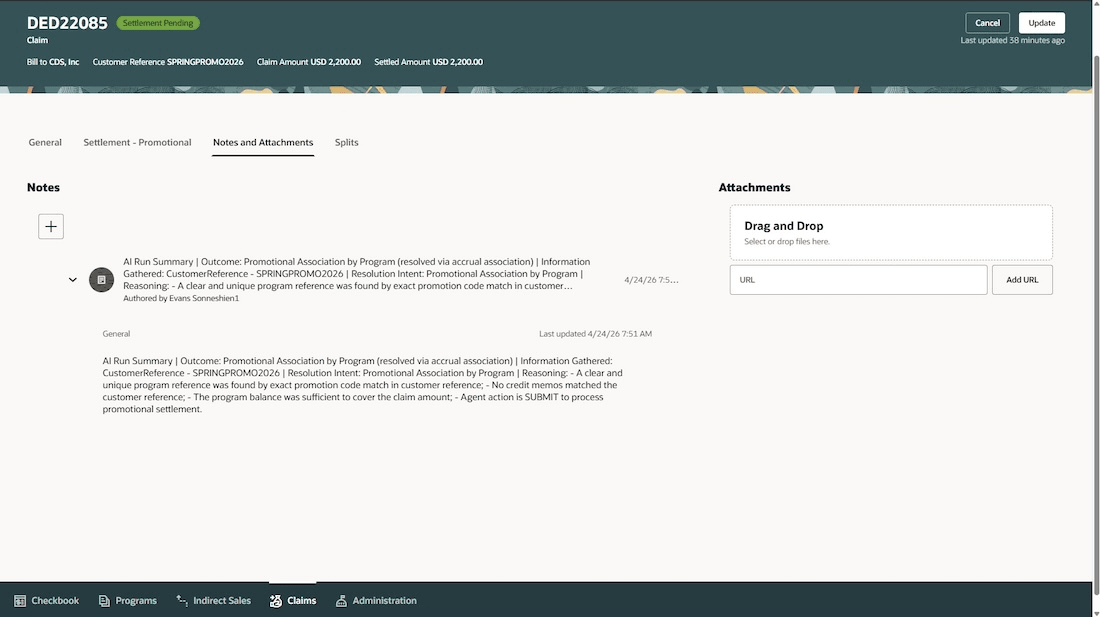 Claim Notes with Claim Settlement Assistant Processing Summary