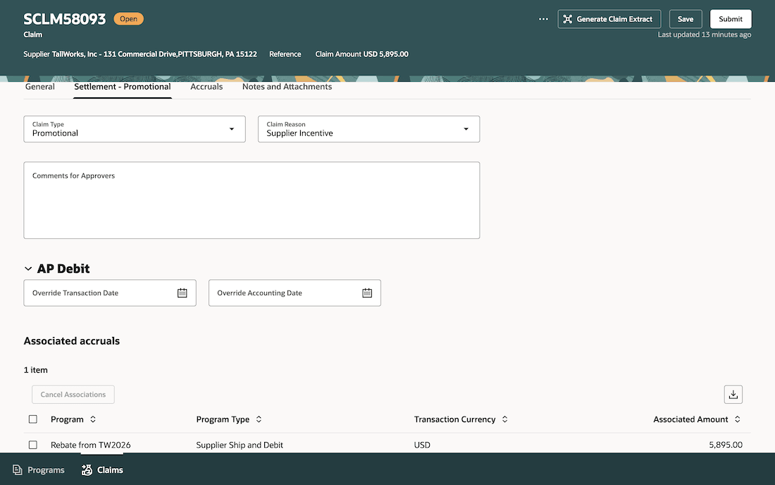 Settlement Tab