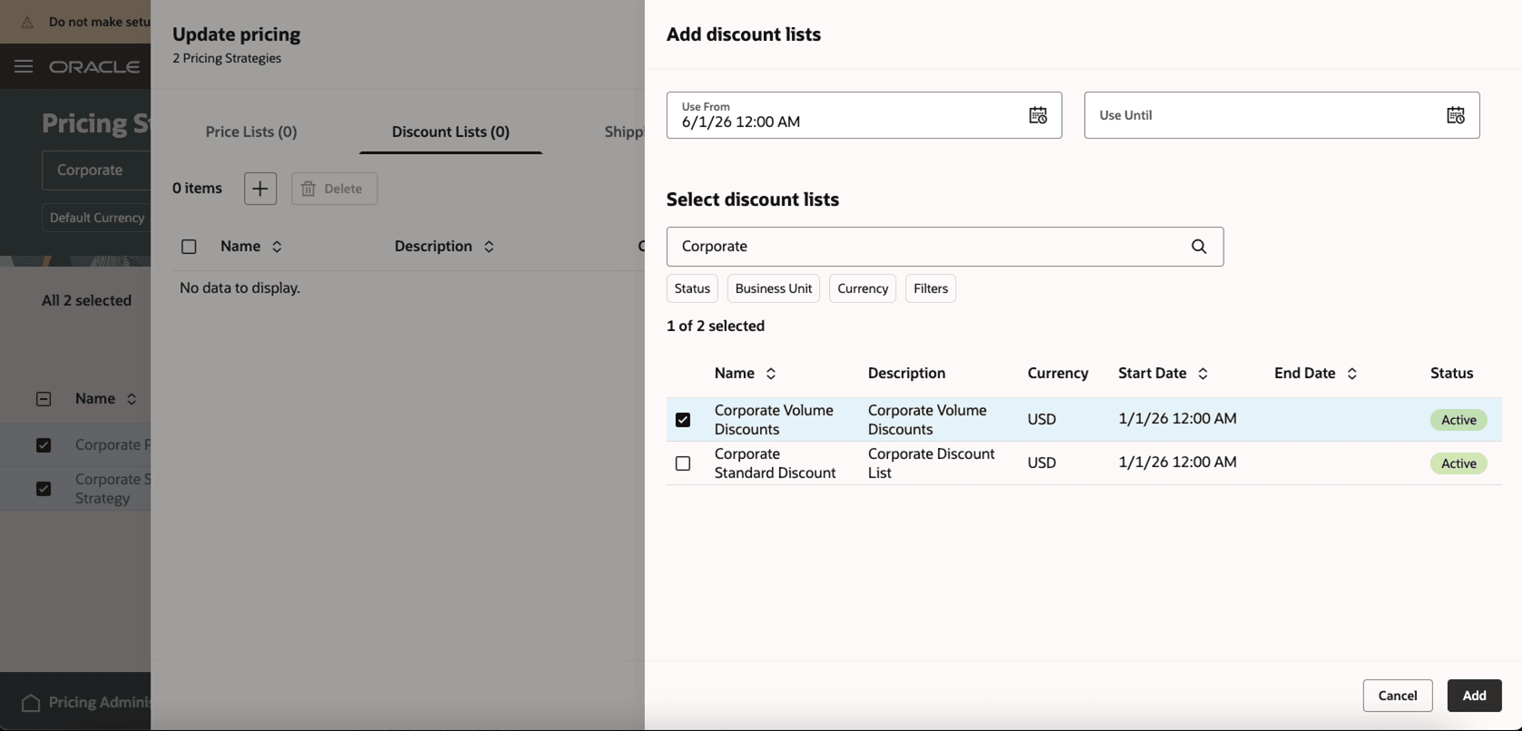 Select the Discount List to Add Through Update Pricing