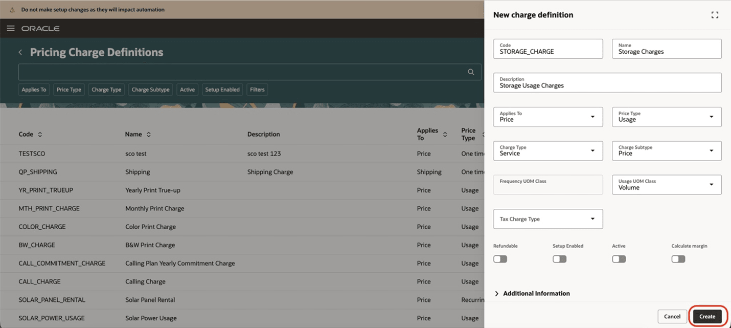 New Charge Definition Page Showing All Required Fields