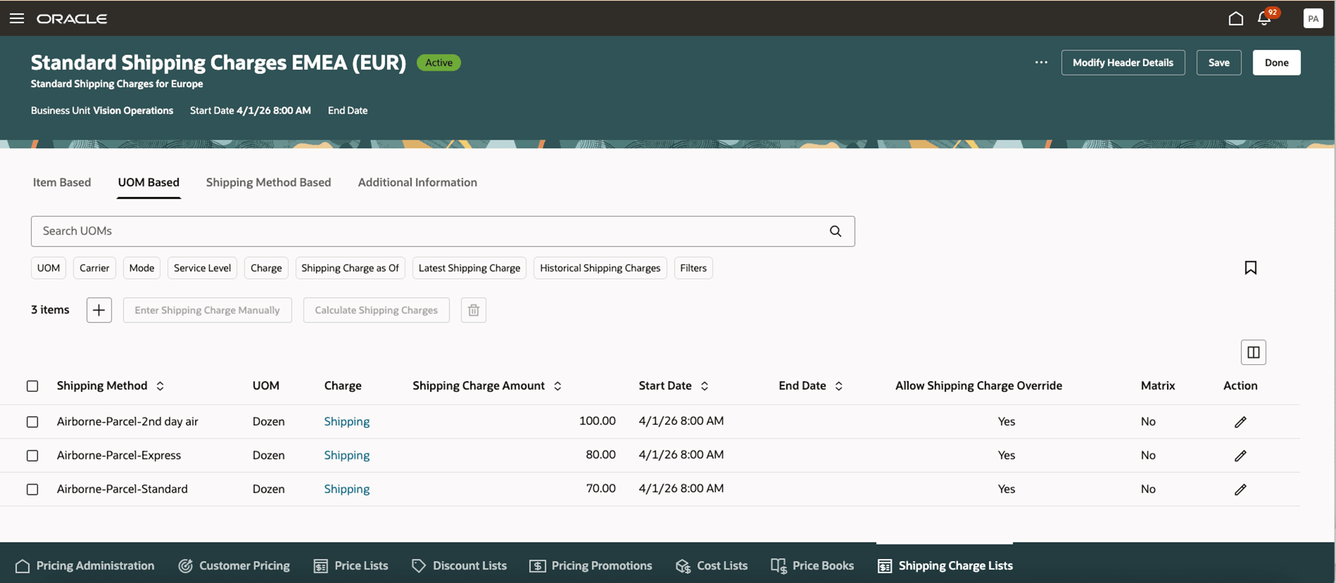 Shipping Charges Based on UOM