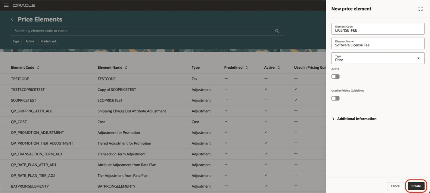 New Price Element Page Showing All Required Fields