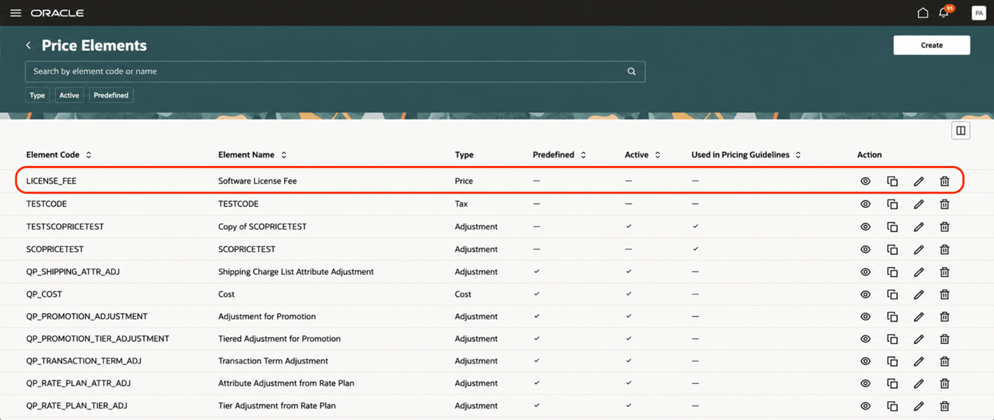 Price Elements Page Showing the Newly Created Price Element