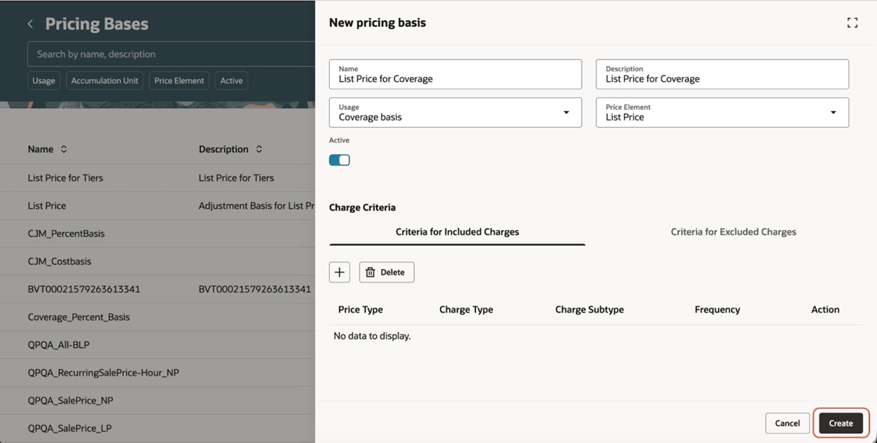 New Pricing Basis Page Showing All Required Fields