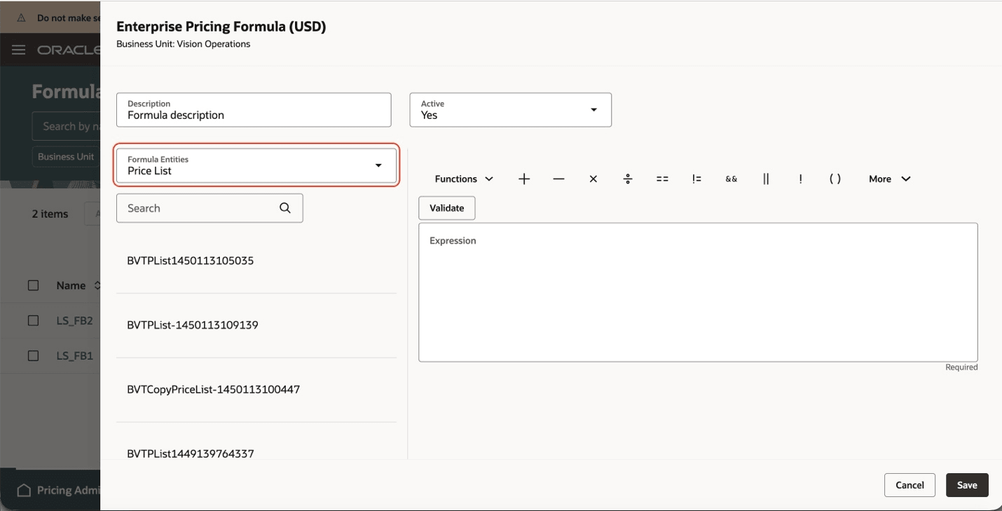 Enterprise Pricing Formula with the Price List Formula Entity Selected