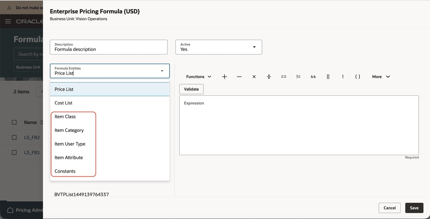 New Formula Entities That Are Available for Selection