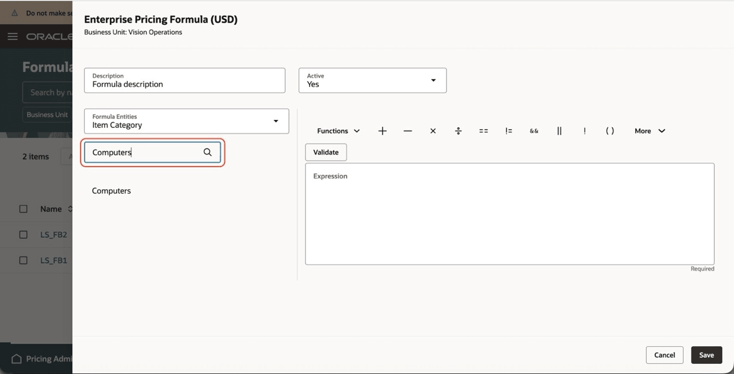 Item Category Formula Entity Is Selected, and Computers Category Is Selected in the Search Field