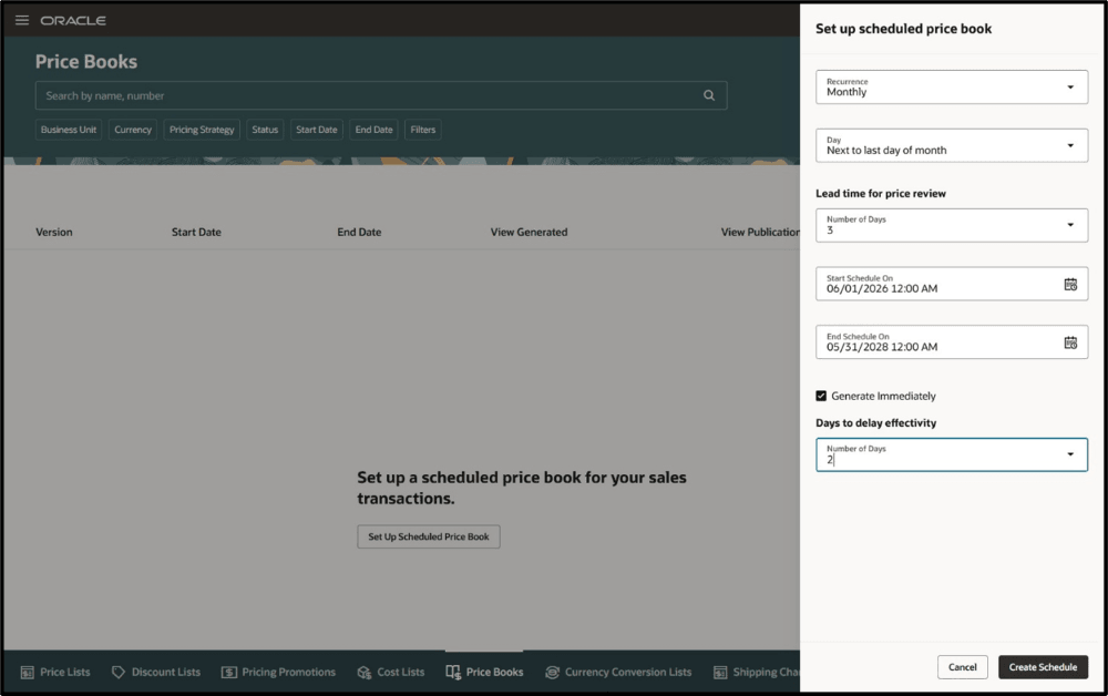 First Schedule for Price Book Including Option to Schedule Immediately