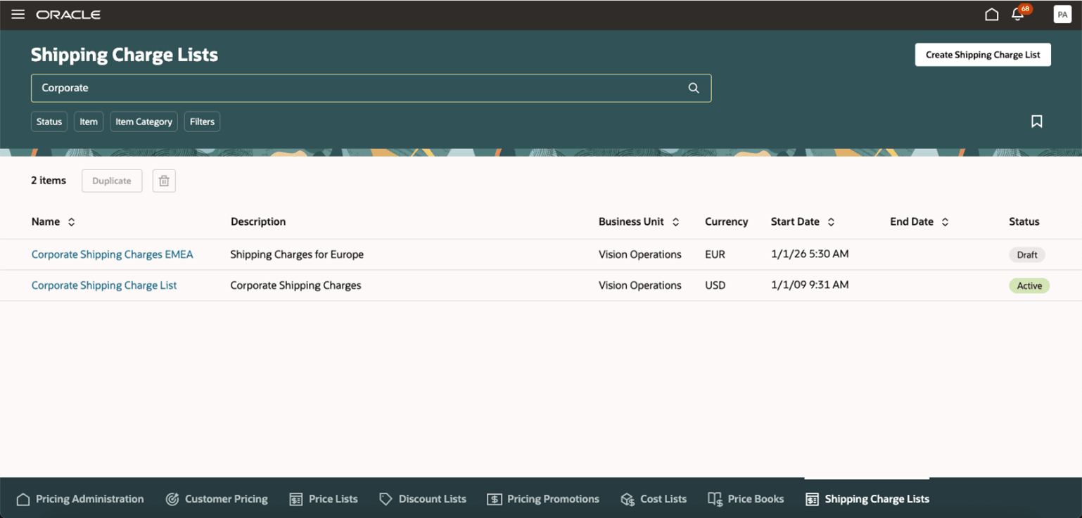 Redesigned Shipping Charge Lists Page Appears as a Tab on the Pricing Administration Landing Page