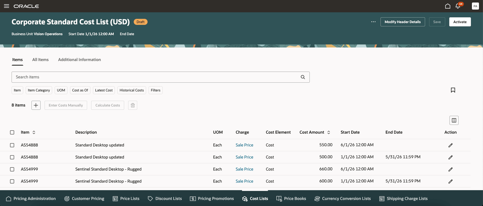 Corporate Standard Cost List with the Two Added Rows with New Costs Starting June 1