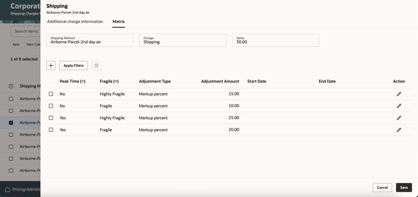 Details of a Pricing Matrix for a Shipping Charge