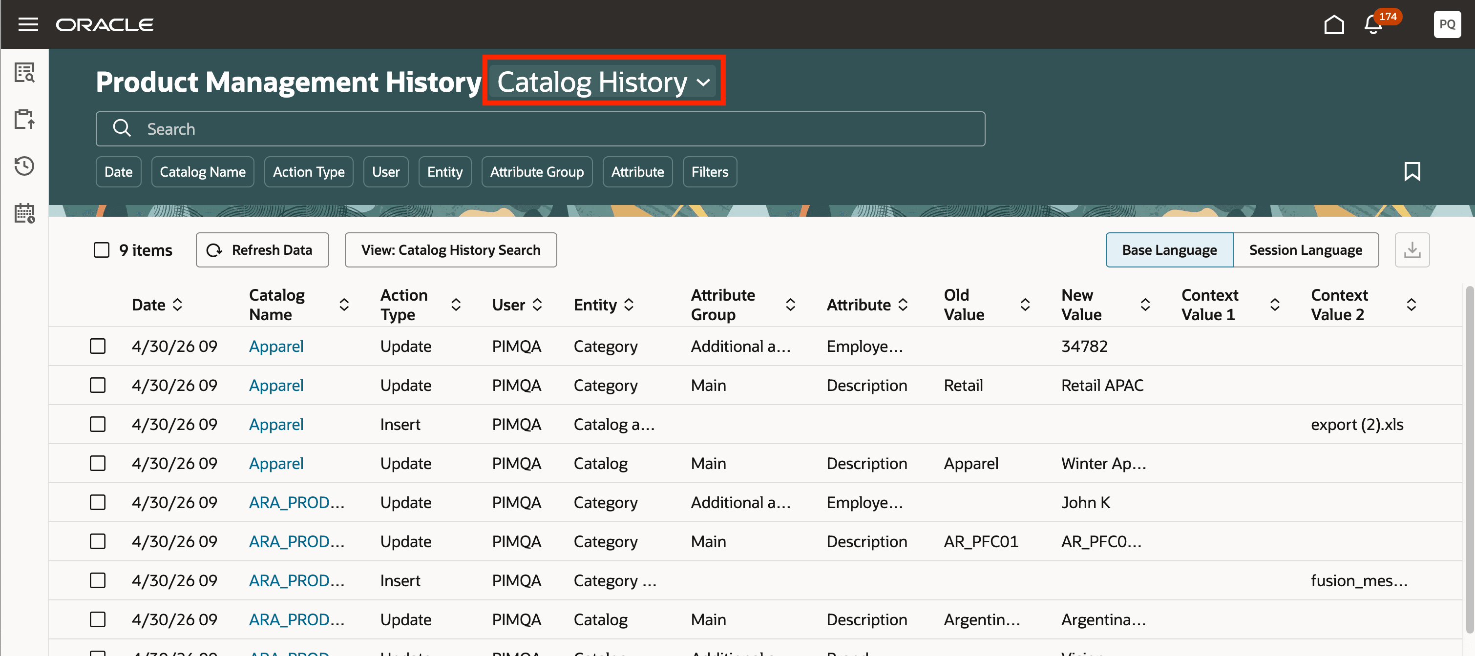 Product Management Catalog History