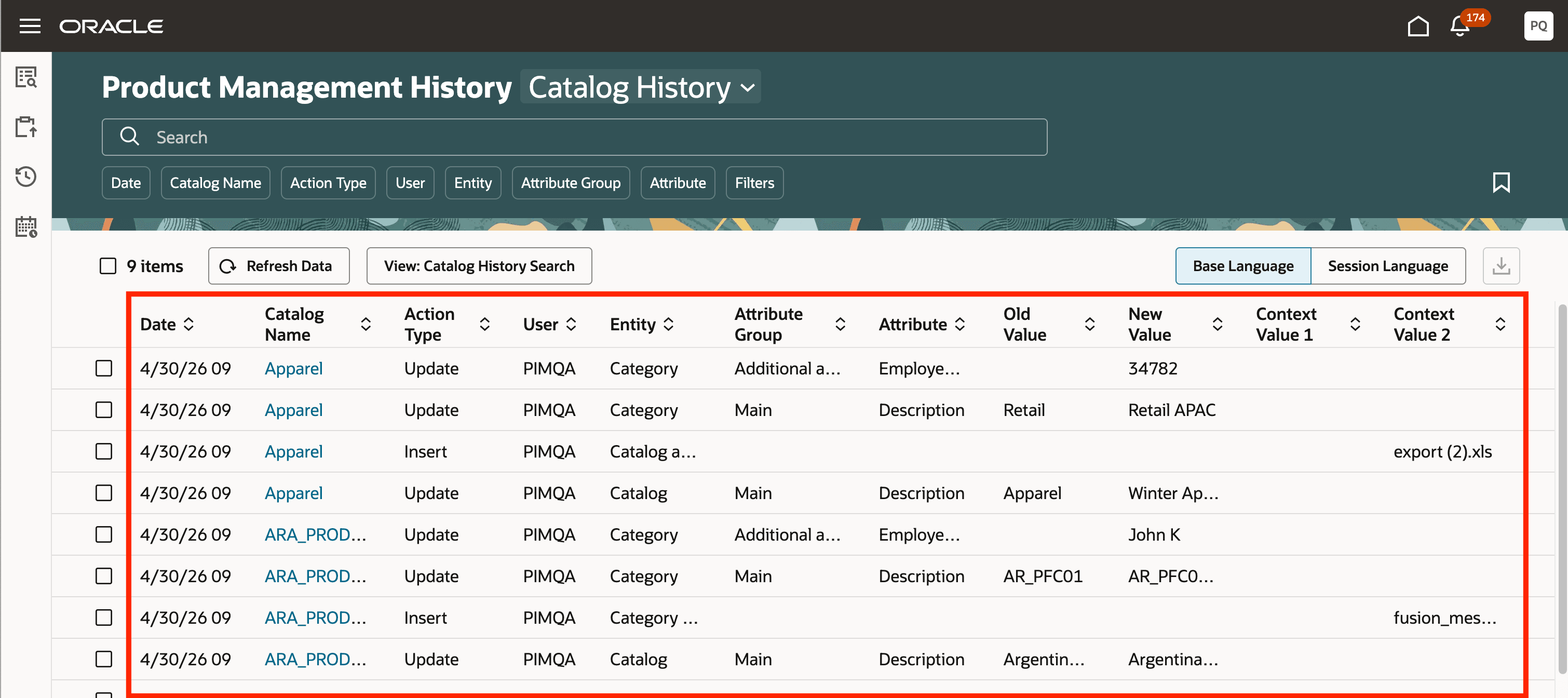 Product Management Catalog History Records