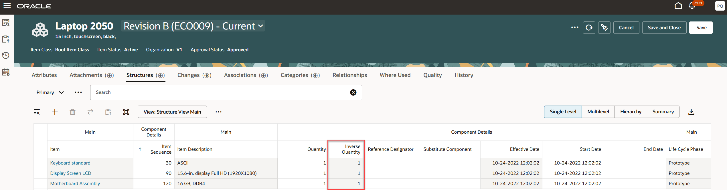 Display Inverse Quantity in the Structure