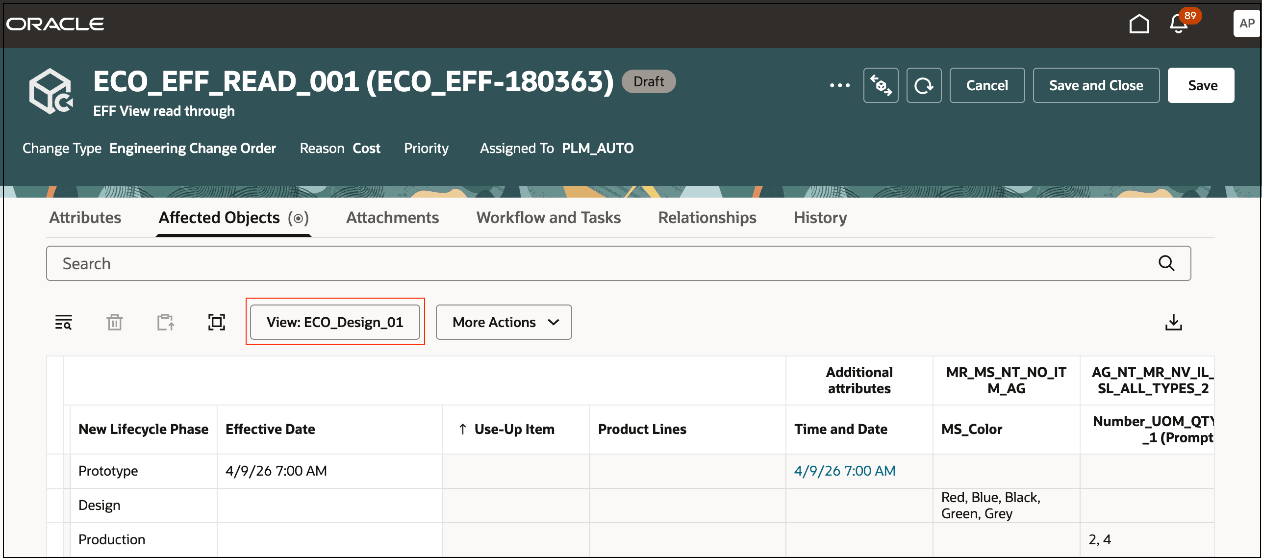 Affected Object View Displaying the Extensible Flexfield