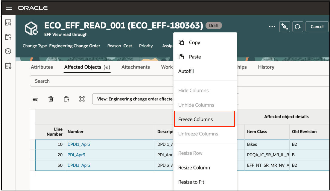 Column Freeze on the Affected Objects Tab