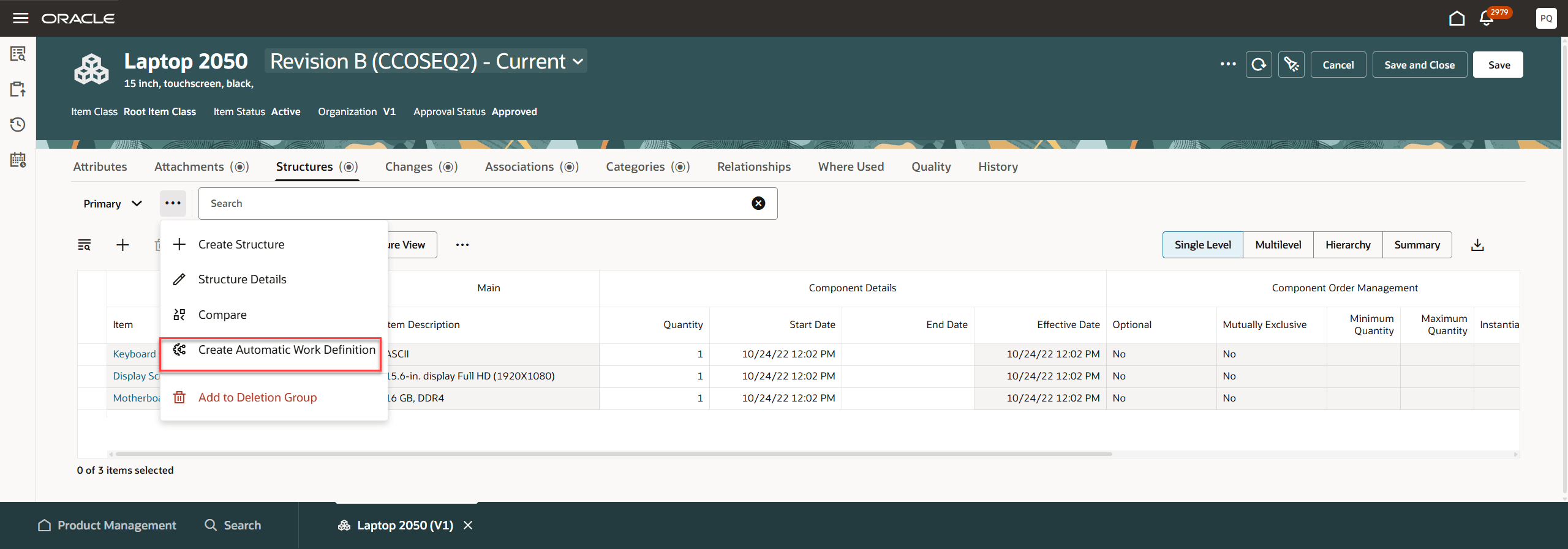 Create Automatic Work Definition Action on a Structure