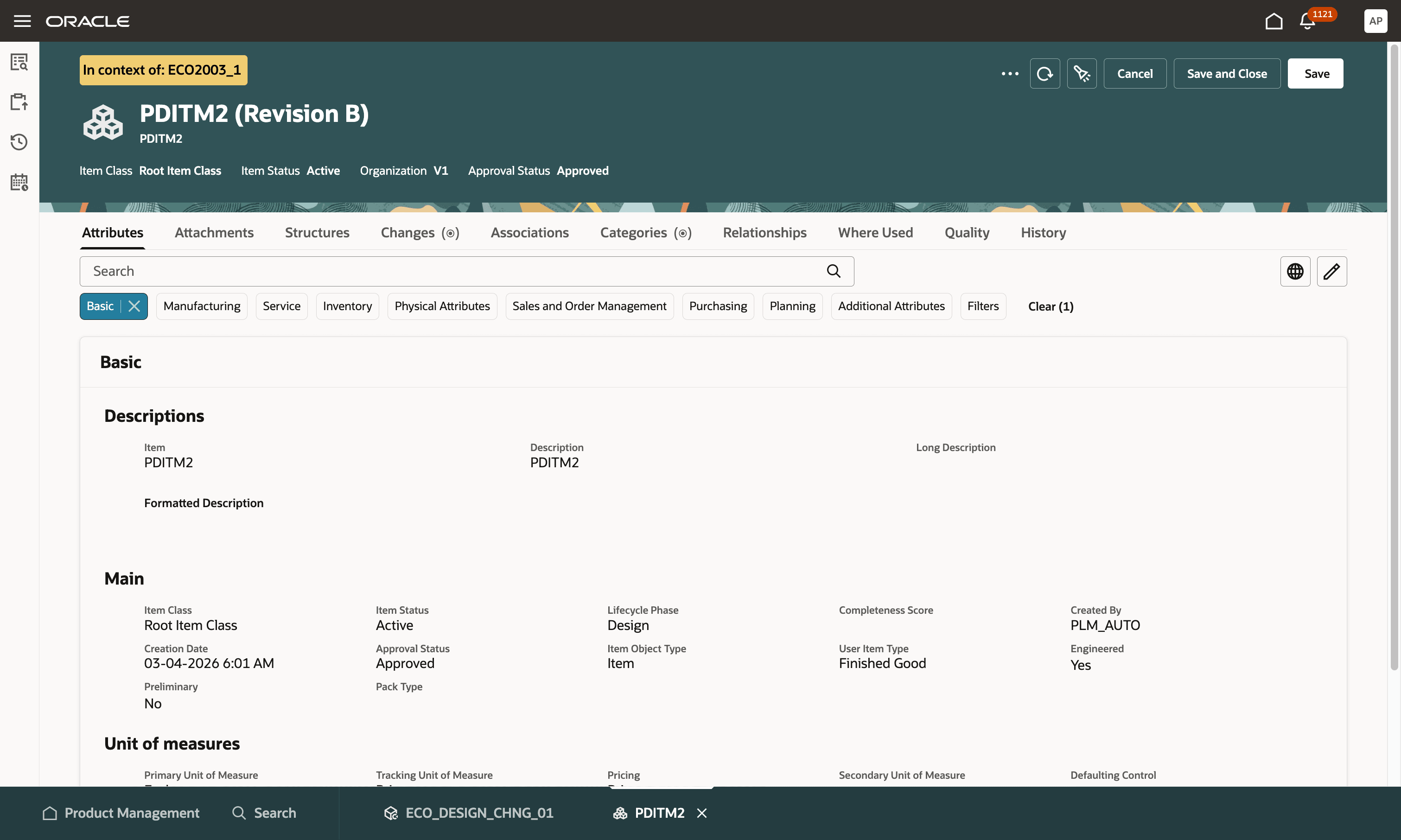 Item Revision Opened in the Change Order Context