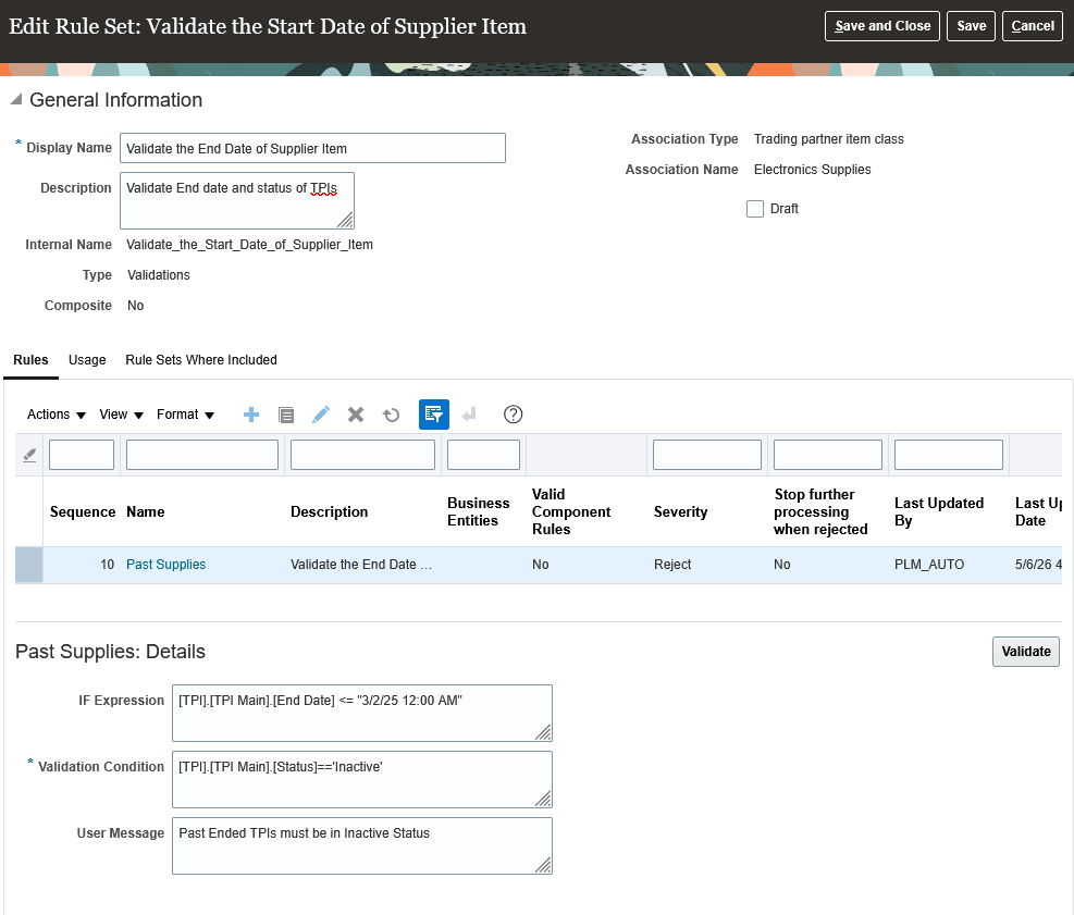 Screenshot Shows an Validation Rule For Trading Partner Item