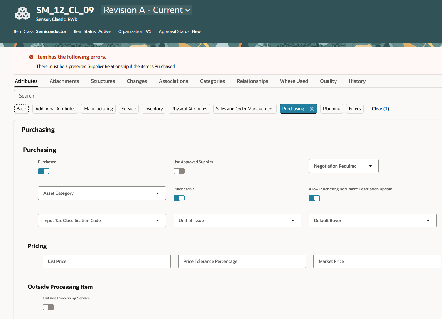 Rule Mandates a Supplier Item Relationship For Purchased Items