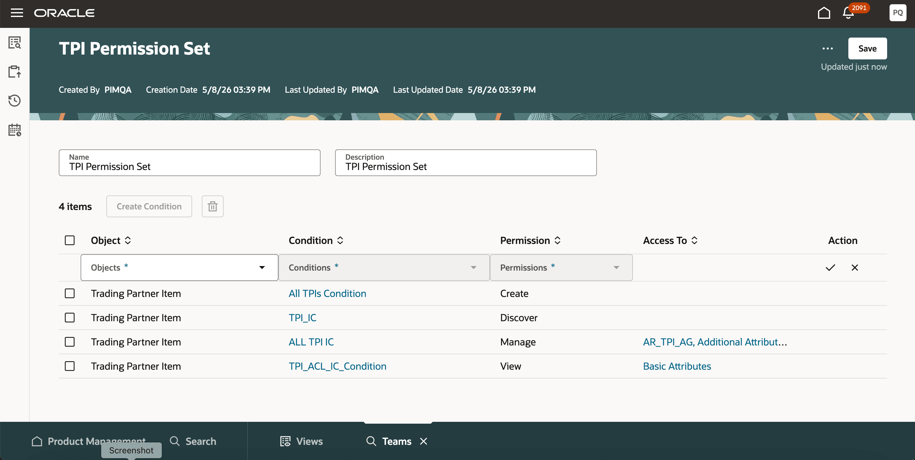 Permission Set Page Showing All Permission Applicable for Trading Partner Items