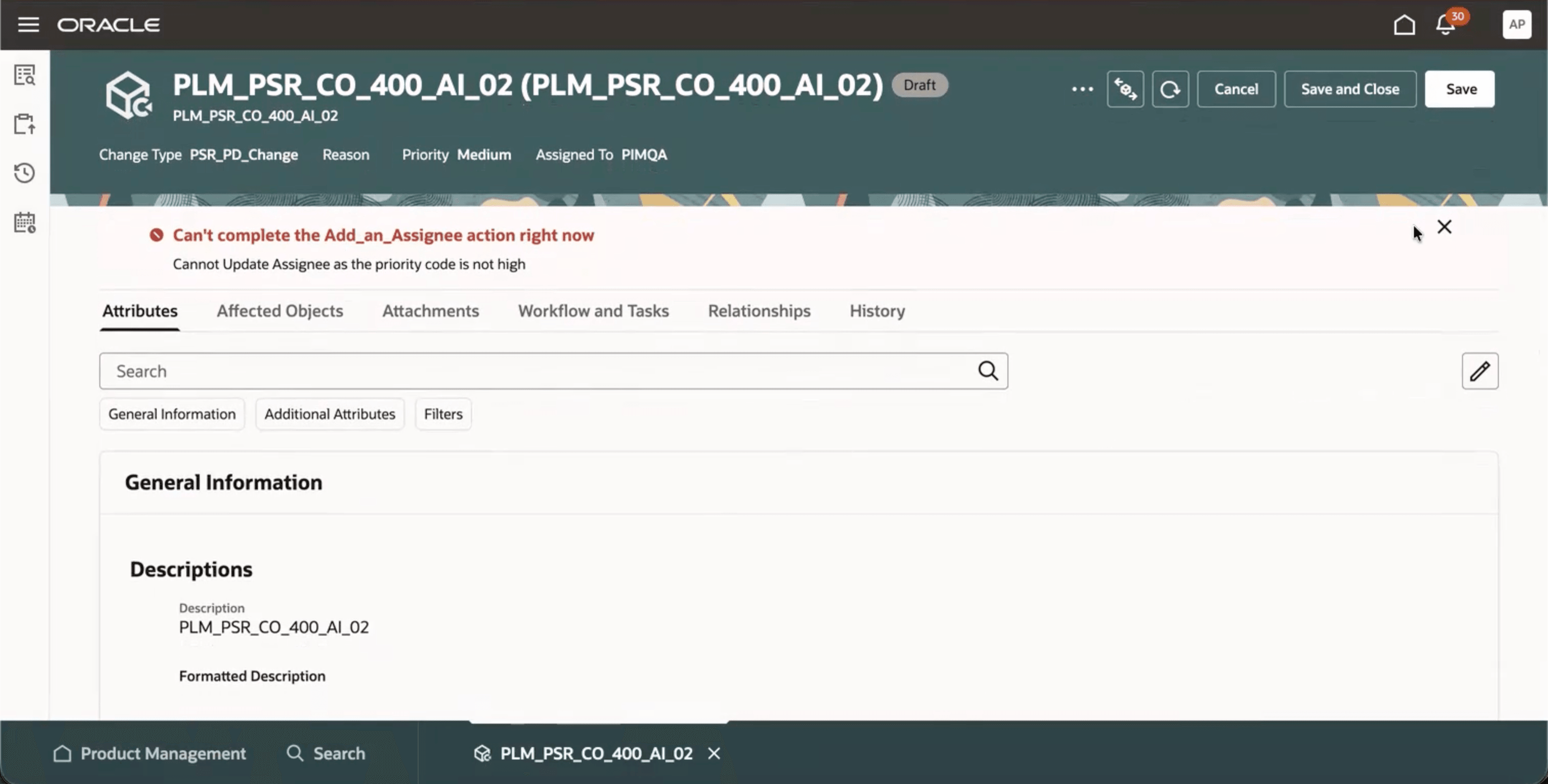 Banner Message Configured for a Change Order