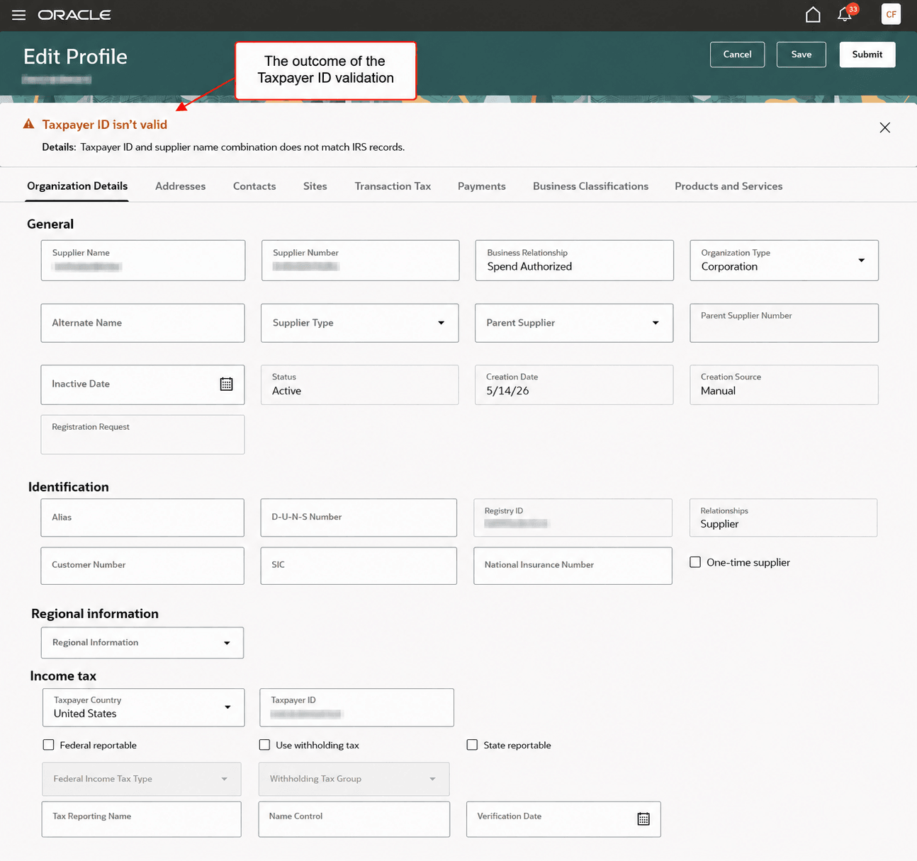 Taxpayer ID Validation Outcome on Creating a Supplier