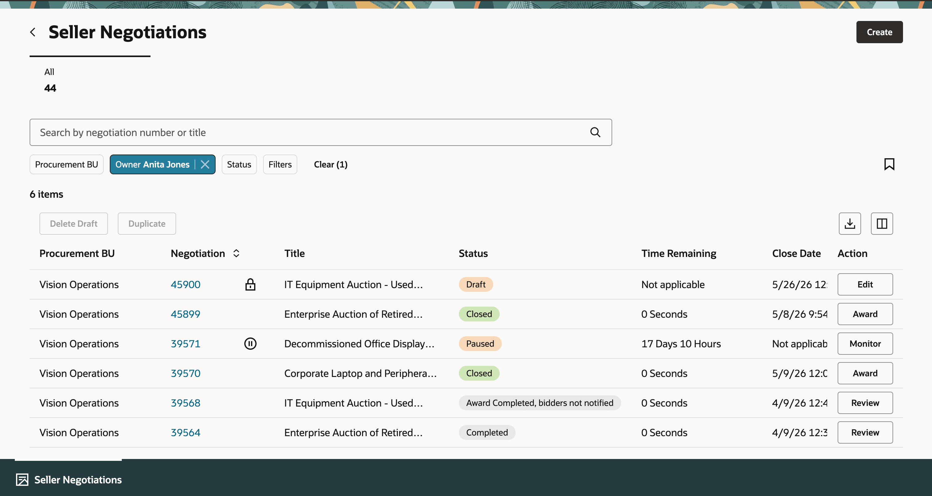 Seller Negotiations Workbench with Search, Filters, Results, and Actions