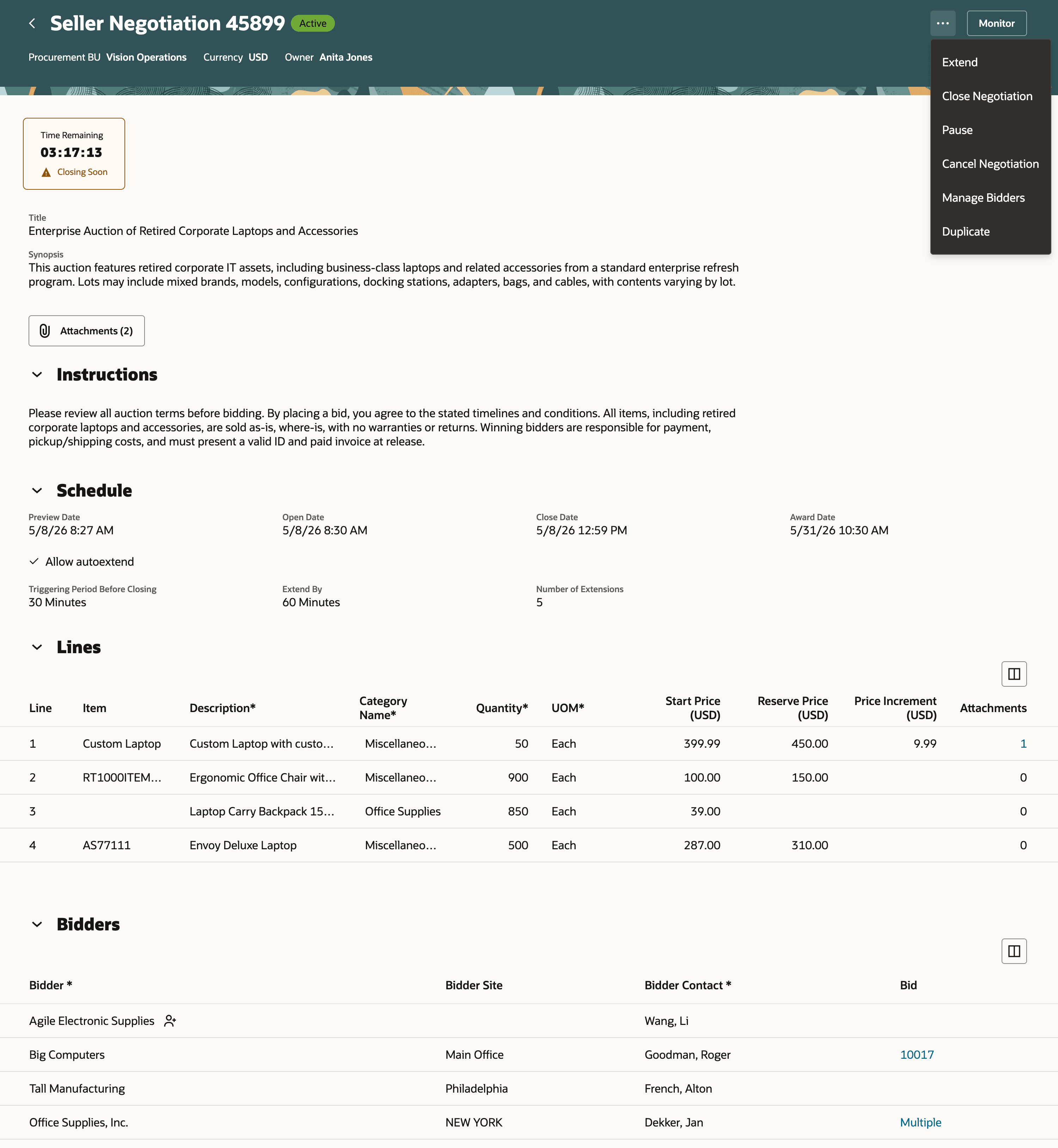 View Seller Negotiation Details and Actions
