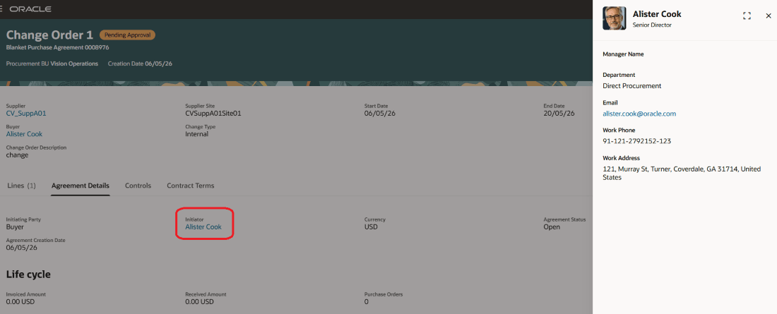 Change Order Initiator Information Drawer on Purchase Agreement