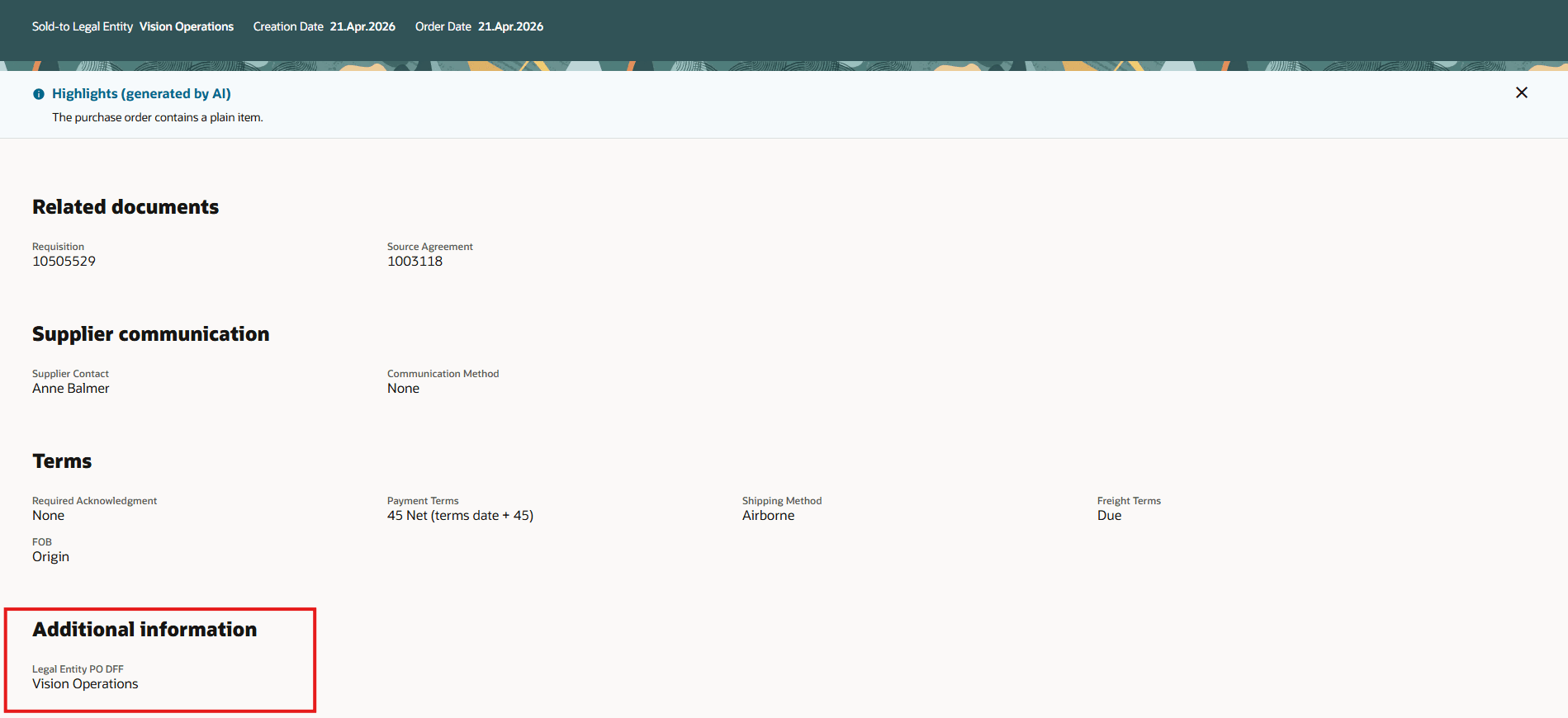 Purchase Order Header Descriptive Flexfield Showing a Default Value Based on SoldtoLegalEntityId