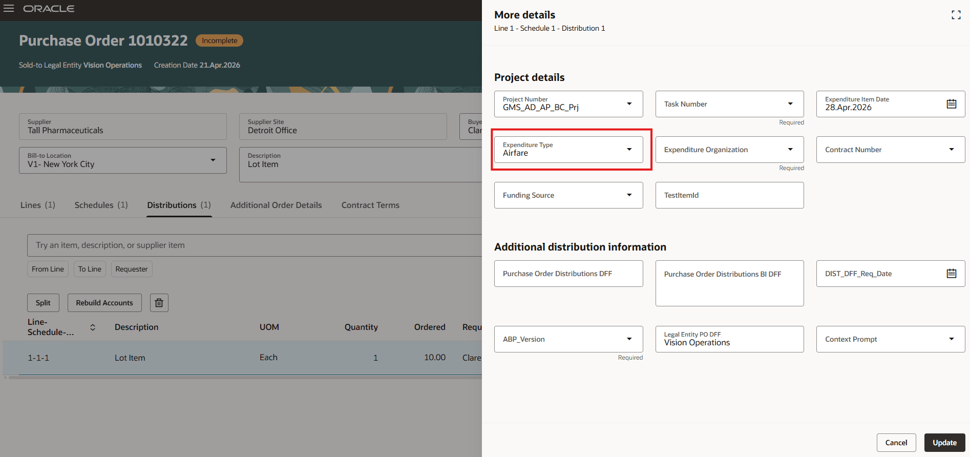 Purchase Order Project Descriptive Flexfield Showing a Default Value Based on InventoryItemId