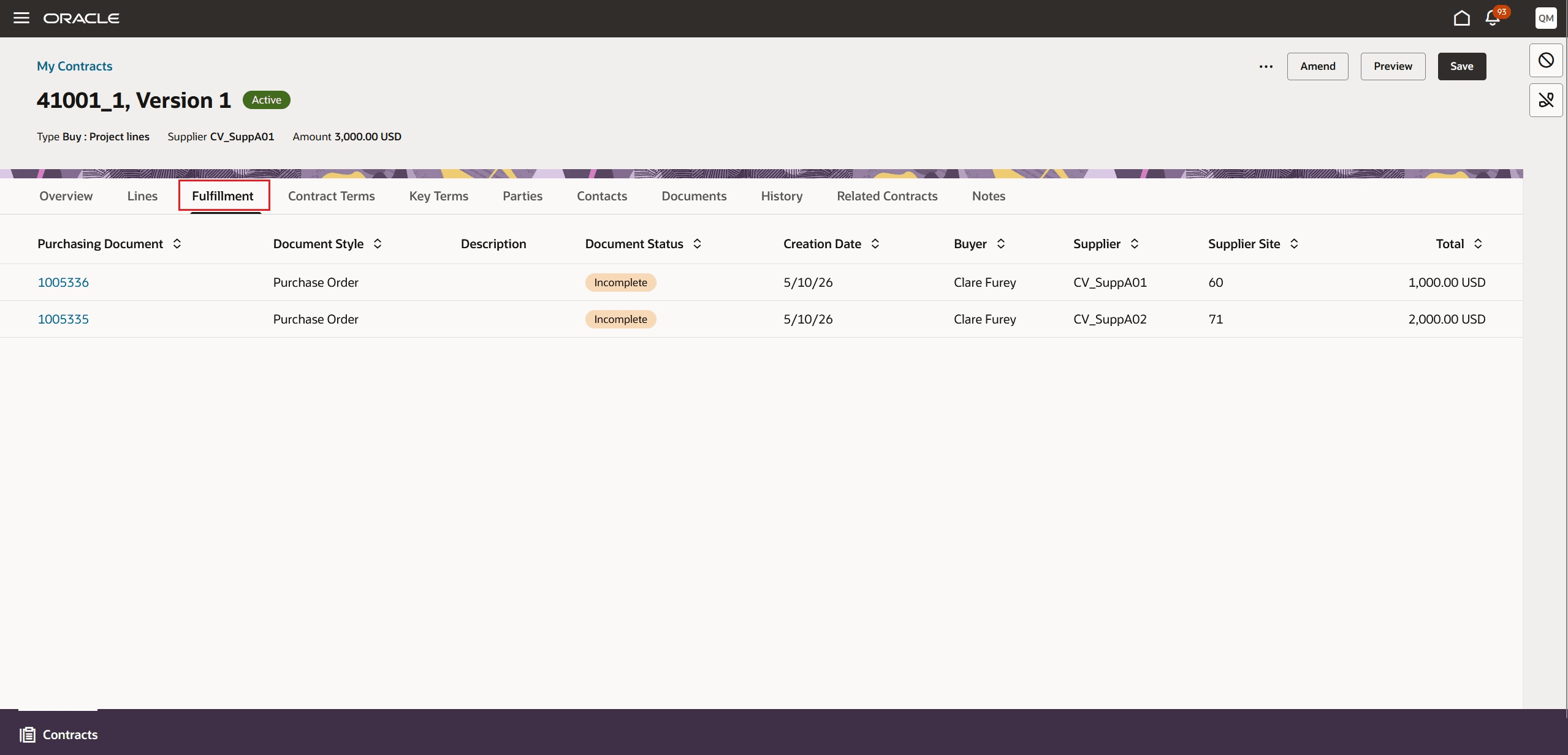 Fulfillment Line Tab on Contracts Page