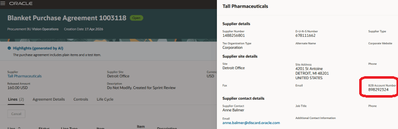 B2B Account number on Supplier Contextual Action of View Agreement Page