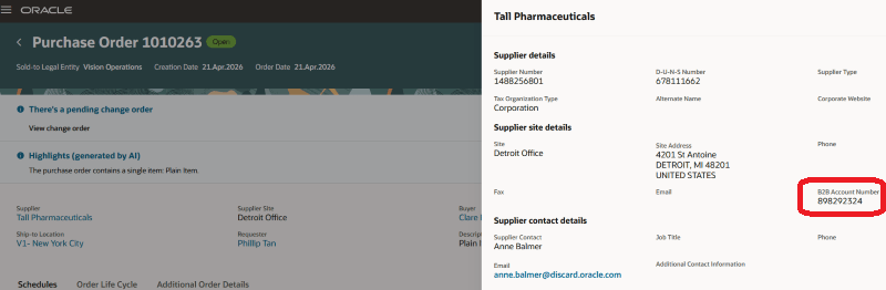 B2B Account number on Supplier Contextual Action of View Purchase Order Page