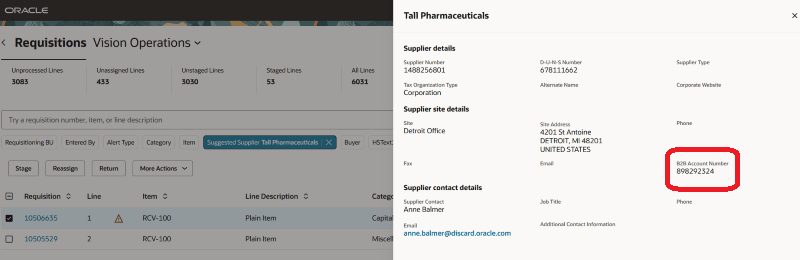 B2B Account number on Suggested Supplier Contextual Action on&nbsp;Process Requisitions Page