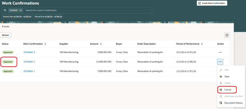 Cancel Action on an Approved Work Confirmation