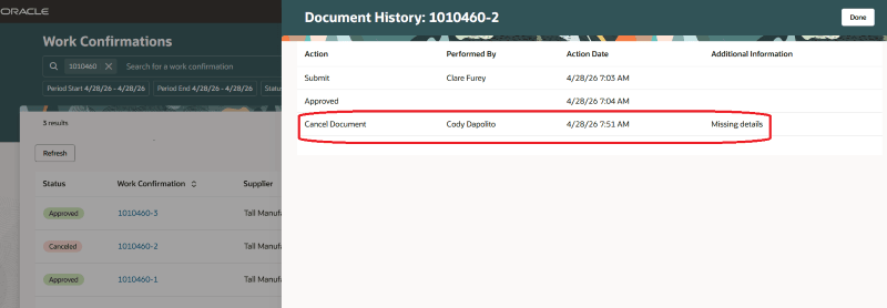 Document History of a Canceled Work Confirmation