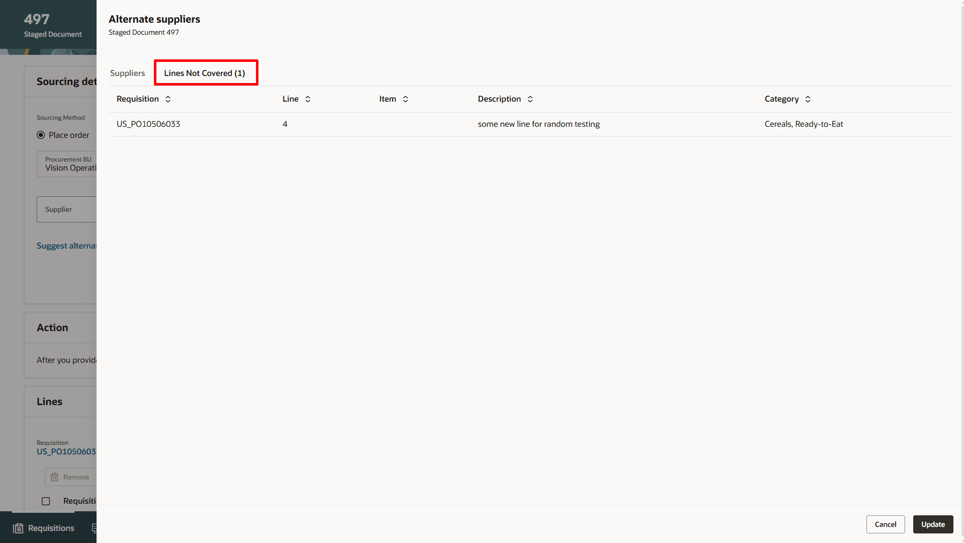 Staged Document Lines not Covered by Any of the Suggested Supplier
