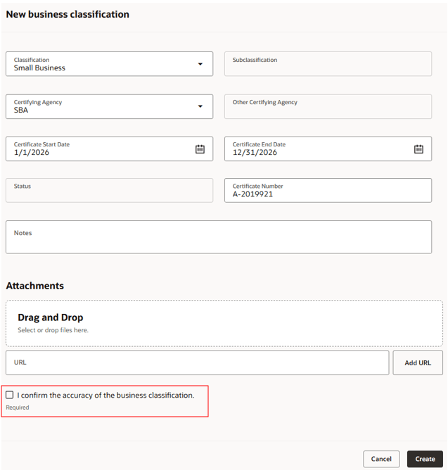 Supplier User Confirms Business Classification Information