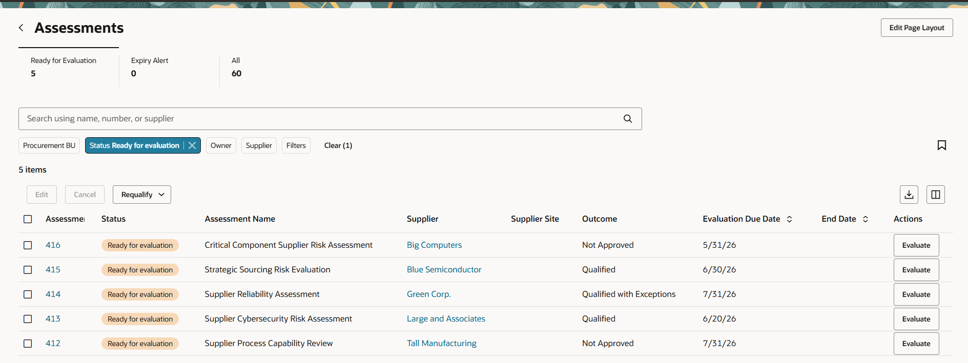 Assessments page