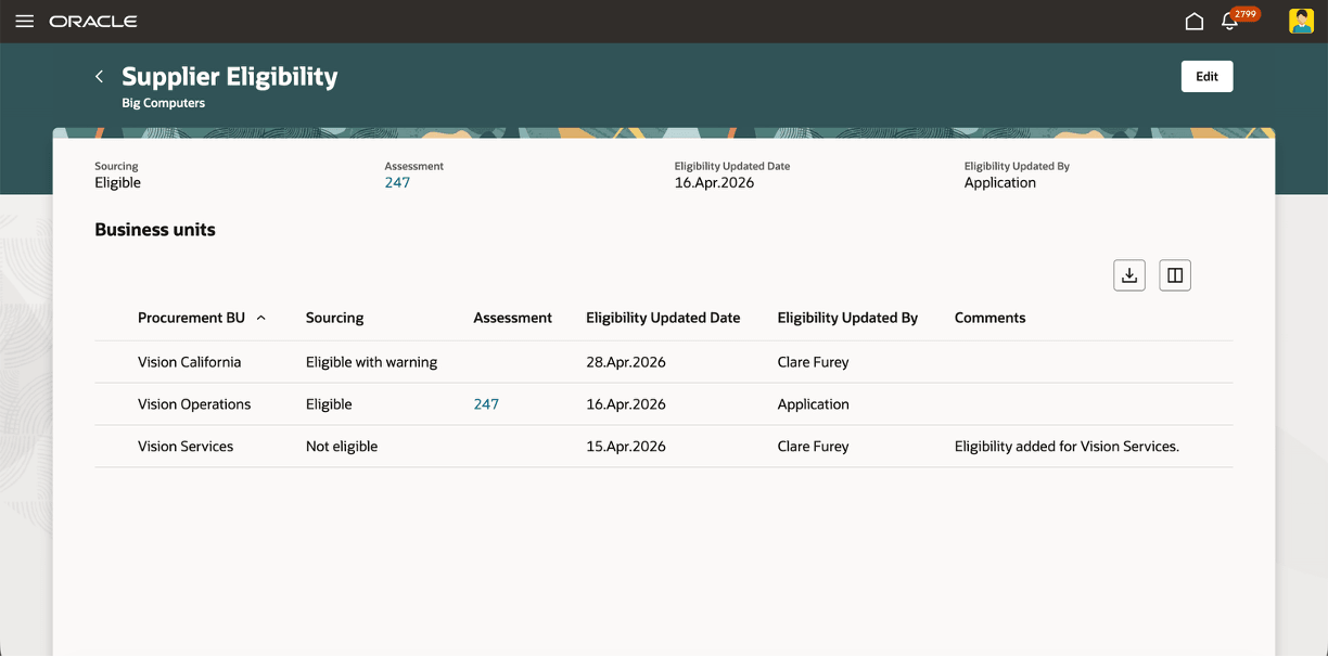 Supplier Eligibility page showing supplier-level sourcing eligibility and related assessment details.