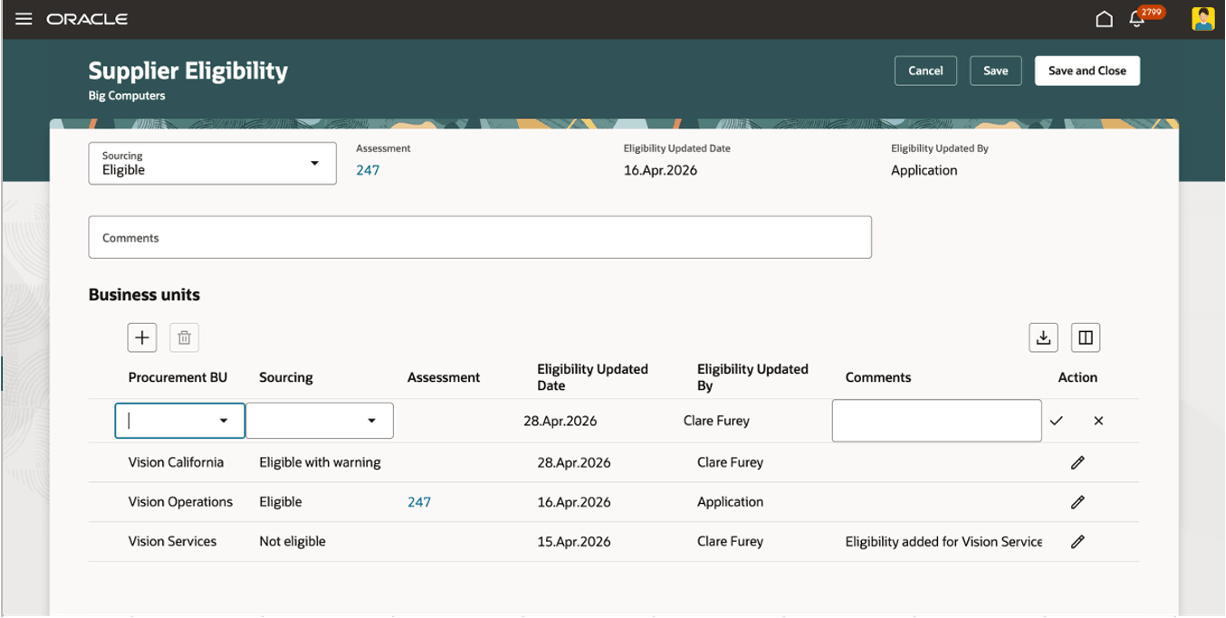 Supplier Eligibility edit mode with editable sourcing values and comments.