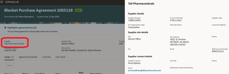 Supplier Contextual Action on View Agreement Page