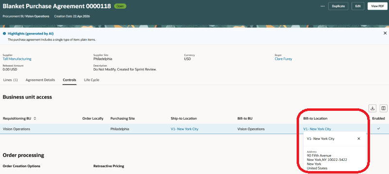 Bill-to Location Contextual Action on View Agreement Page