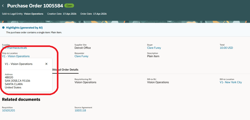 Ship-to Location Contextual Action on View Purchase Order Page
